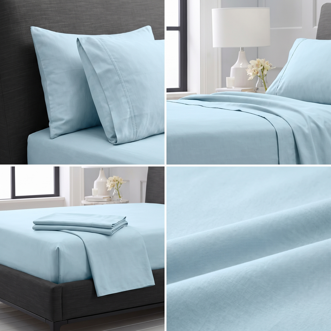 King size light blue cotton sheet set styled in a cozy bedroom setting