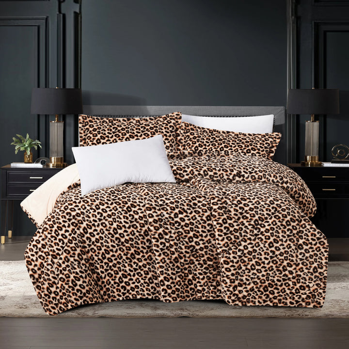 Modern dark-themed bedroom featuring a cozy 3-piece leopard pattern faux fur bedspread