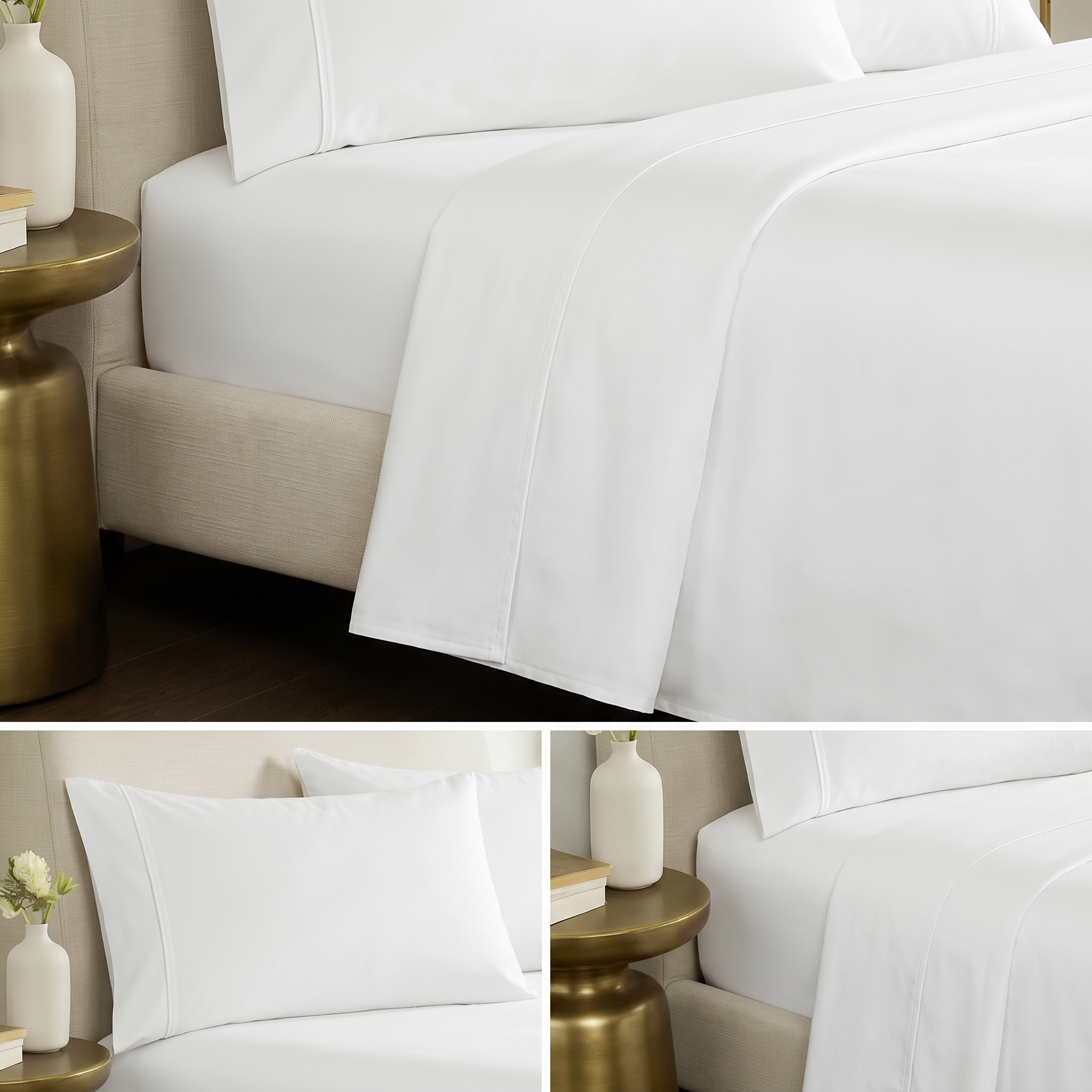 King size white cotton sheet set styled with pillows in a cozy bedroom setting