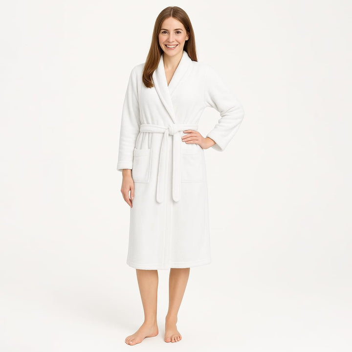 White cotton terry bathrobe worn