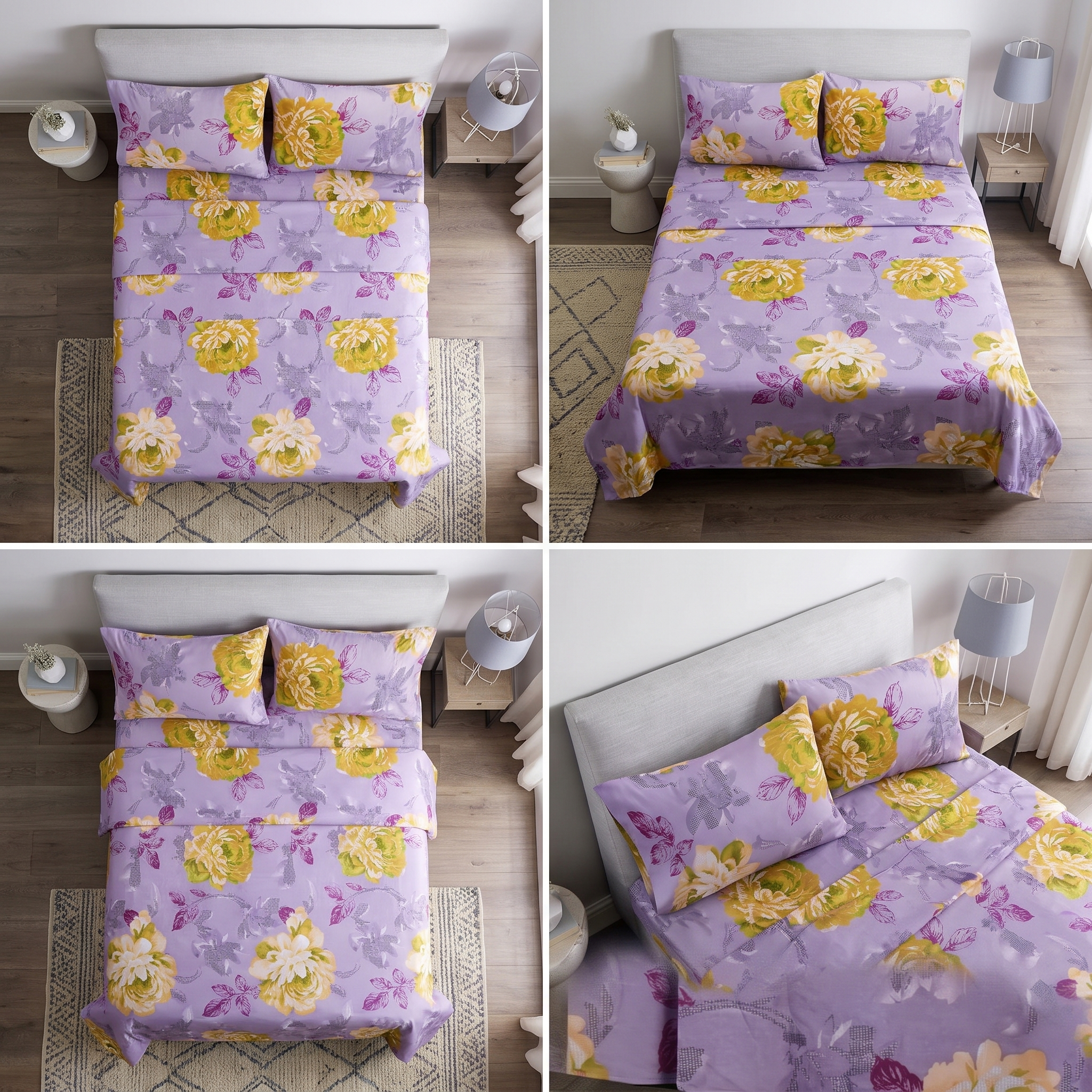 Overhead flat lay lavender floral sheets