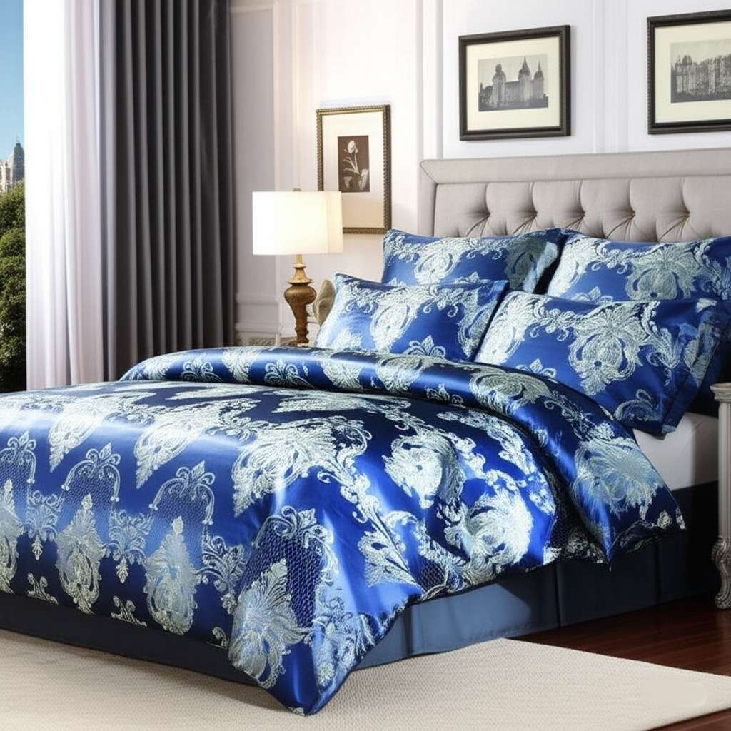 500TC Jacquard 3 Pcs Comforter Set Design – Damask Royal Blue