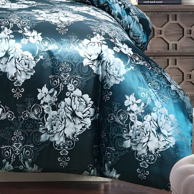 500TC Jacquard 3 Pcs Comforter Set Design - Damask Teal - Image 3