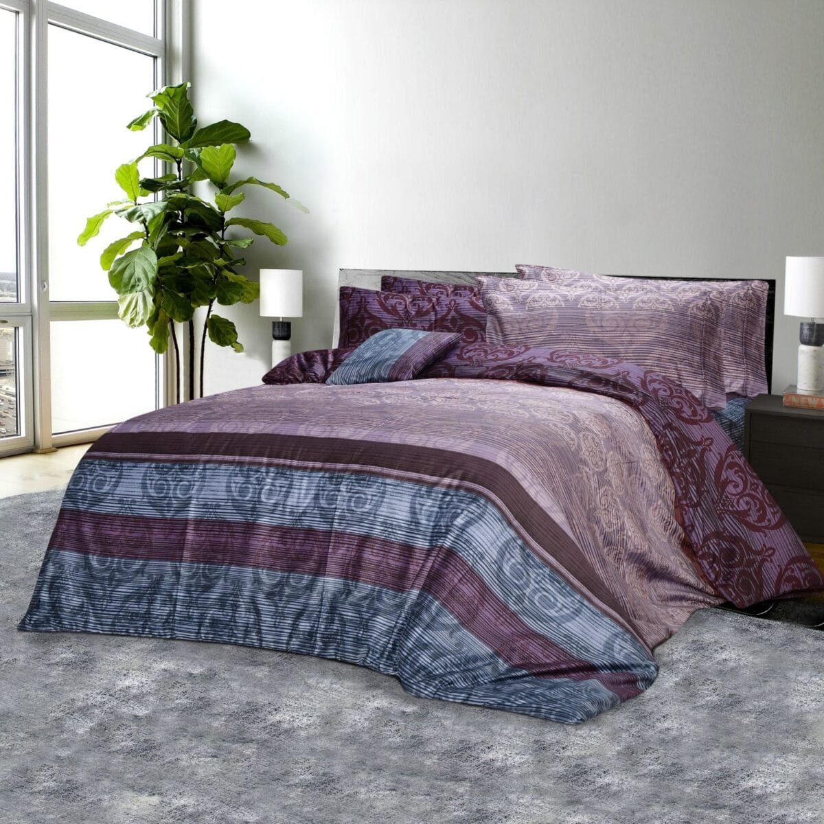 1000TC 6Pcs Printed Sateen Quilt Cover Set - Flowers Anthracite