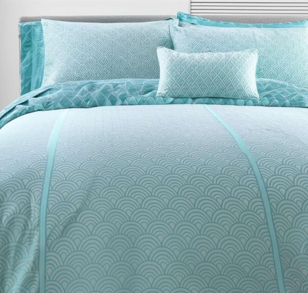 600TC 6Pcs Printed Sateen Quilt Cover Set – Cyan Seashell Pattern