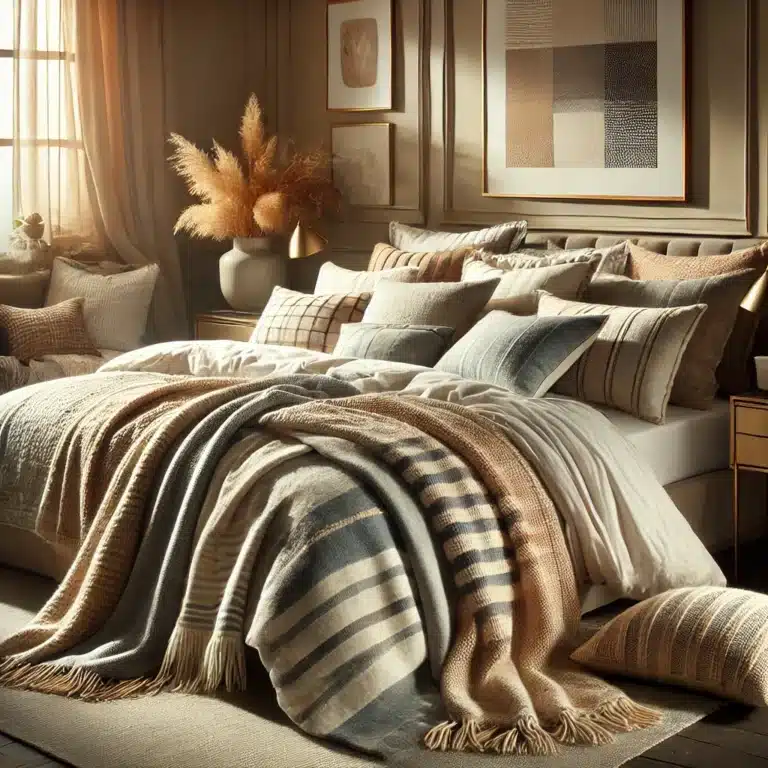 DALL·E 2024 08 29 12.34.12 A cozy inviting bedroom scene that highlights luxury and comfort. A plush stylish bed is draped with various blankets and throws in different textur