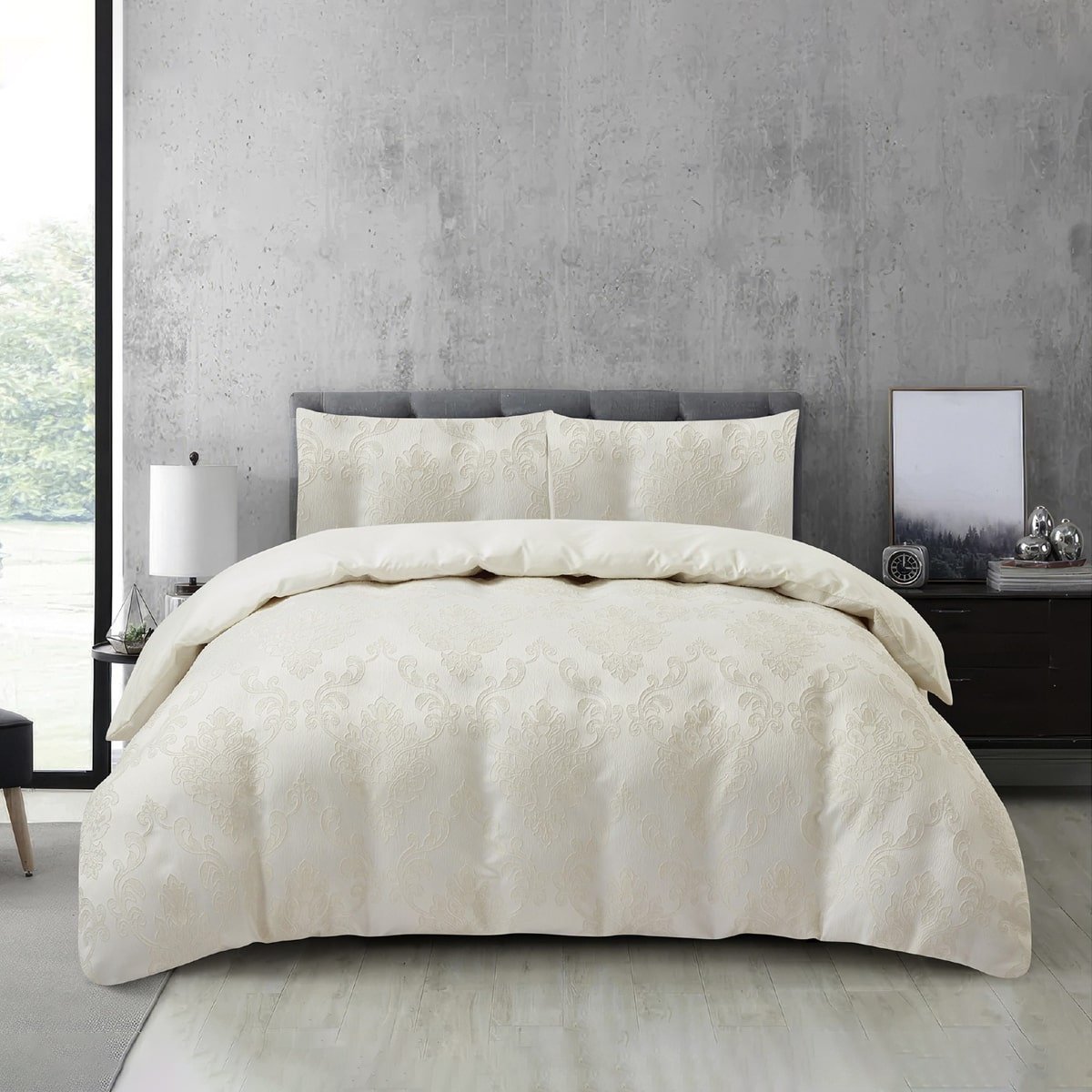 Jacquard 3 Pcs Comforter Set Design - Damask Ivory