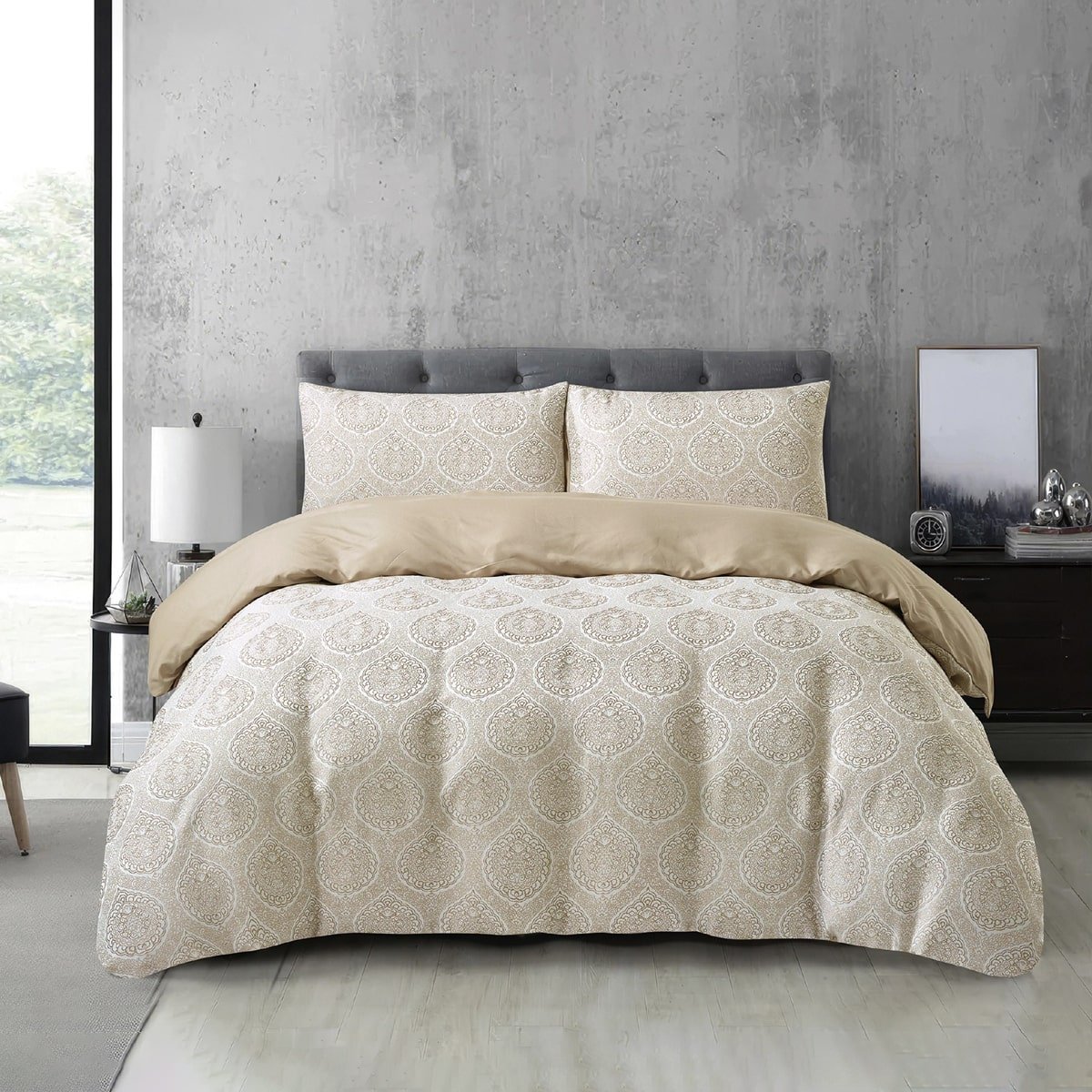 Jacquard 3 Pcs Comforter Set Design - Medallion Beige