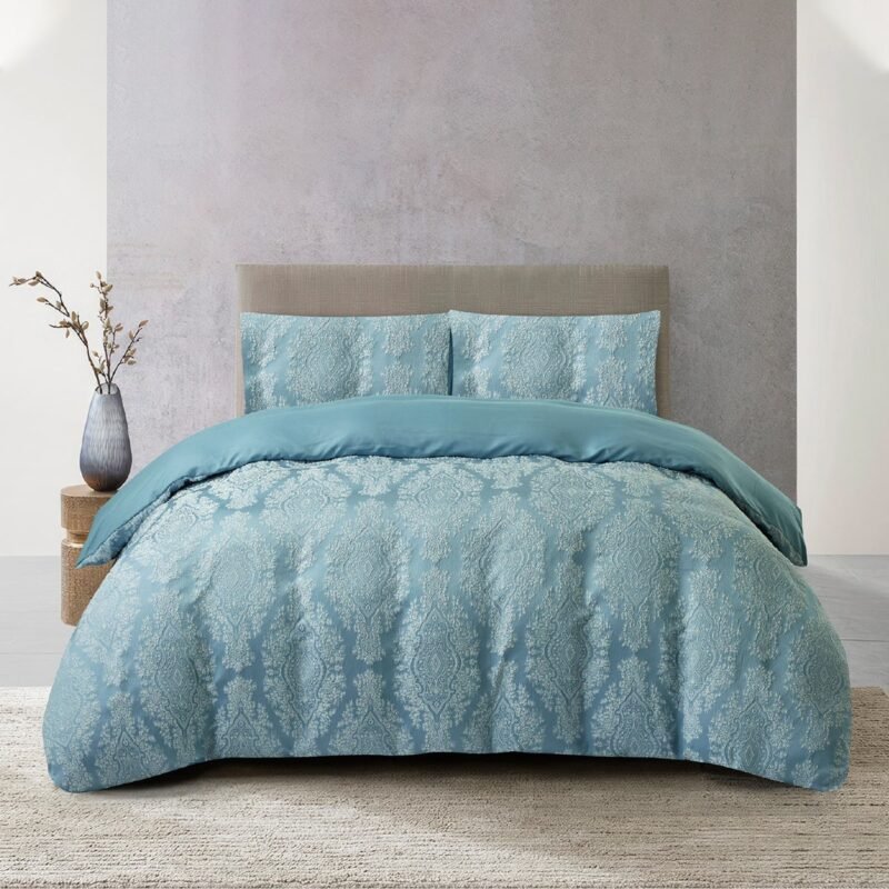 Jacquard 3 Pcs Comforter Set Design - Damask Aqua Blue