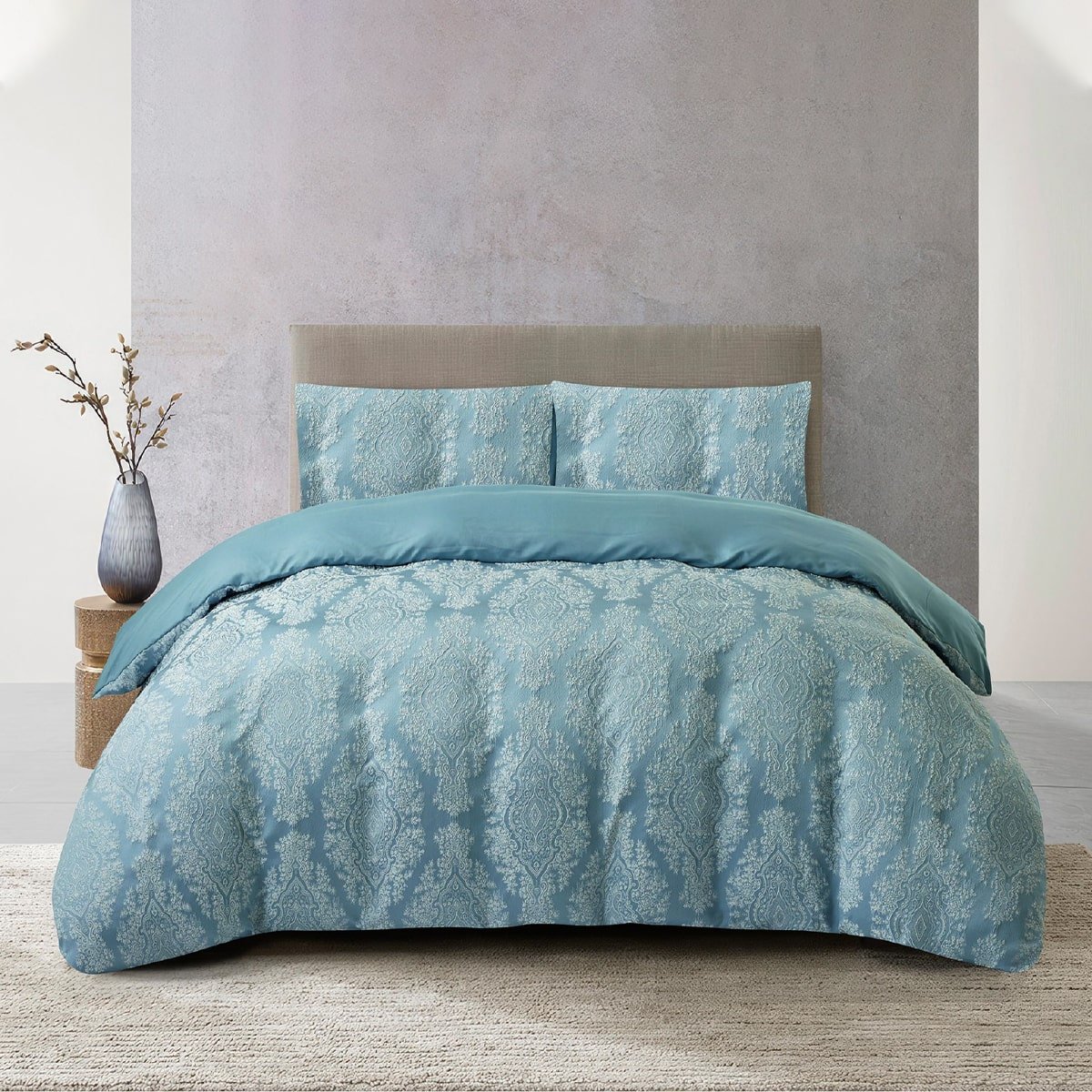 Jacquard 3 Pcs Comforter Set Design - Damask Aqua Blue