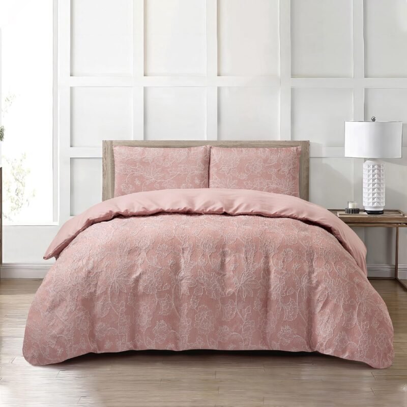 Jacquard 3 Pcs Comforter Set Design - Foliage Muted Pink