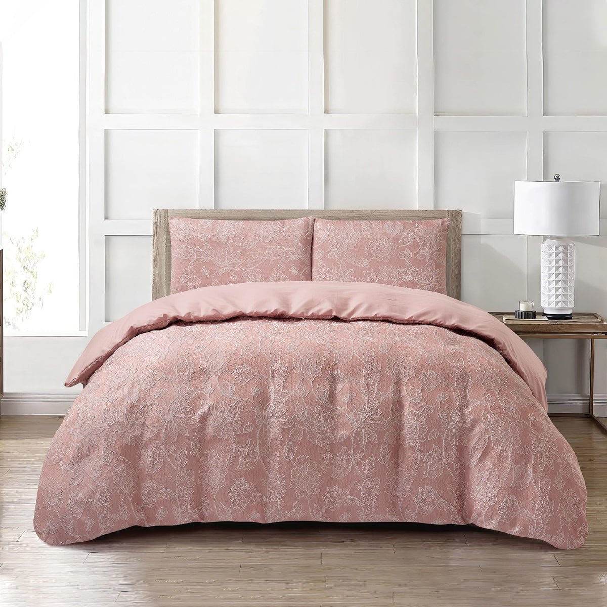 Jacquard 3 Pcs Comforter Set Design - Foliage Muted Pink