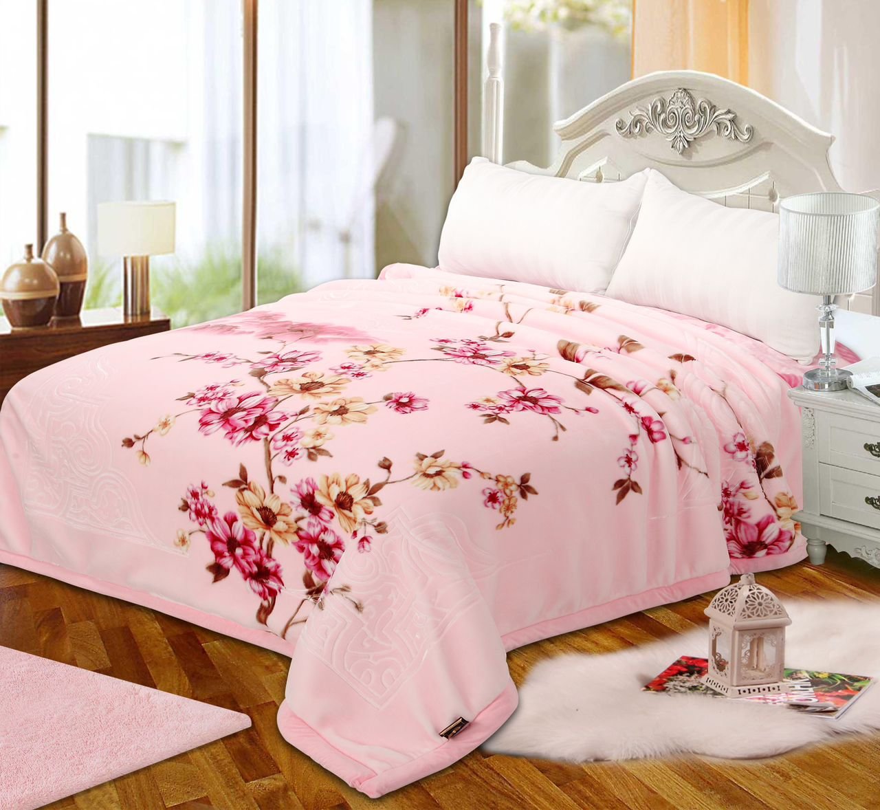 Super Soft 4kg 220 x 240 Mink Blanket - Light Pink Floral