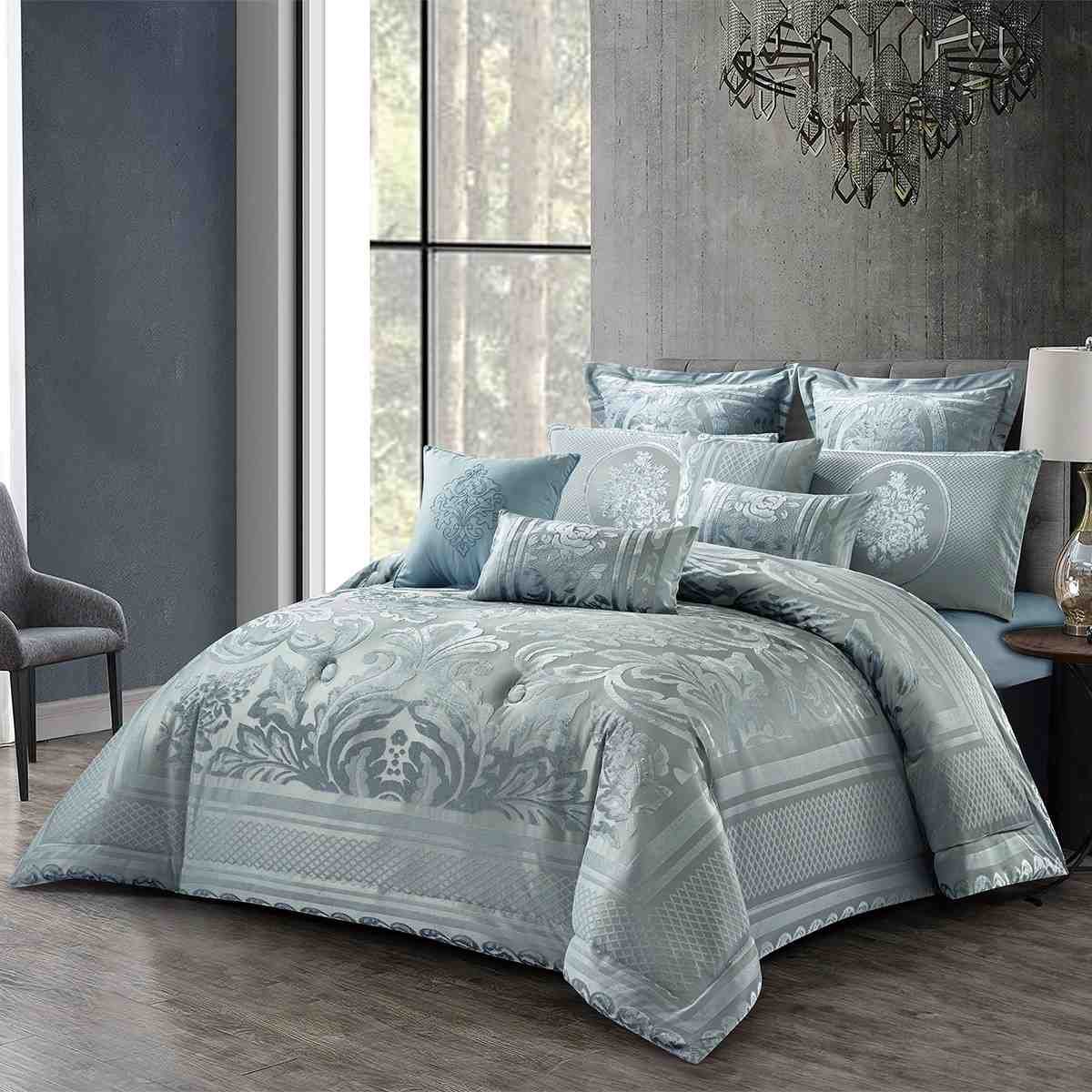 10 Pcs Luxury Bedding Gift Set - Damask Silver Blue