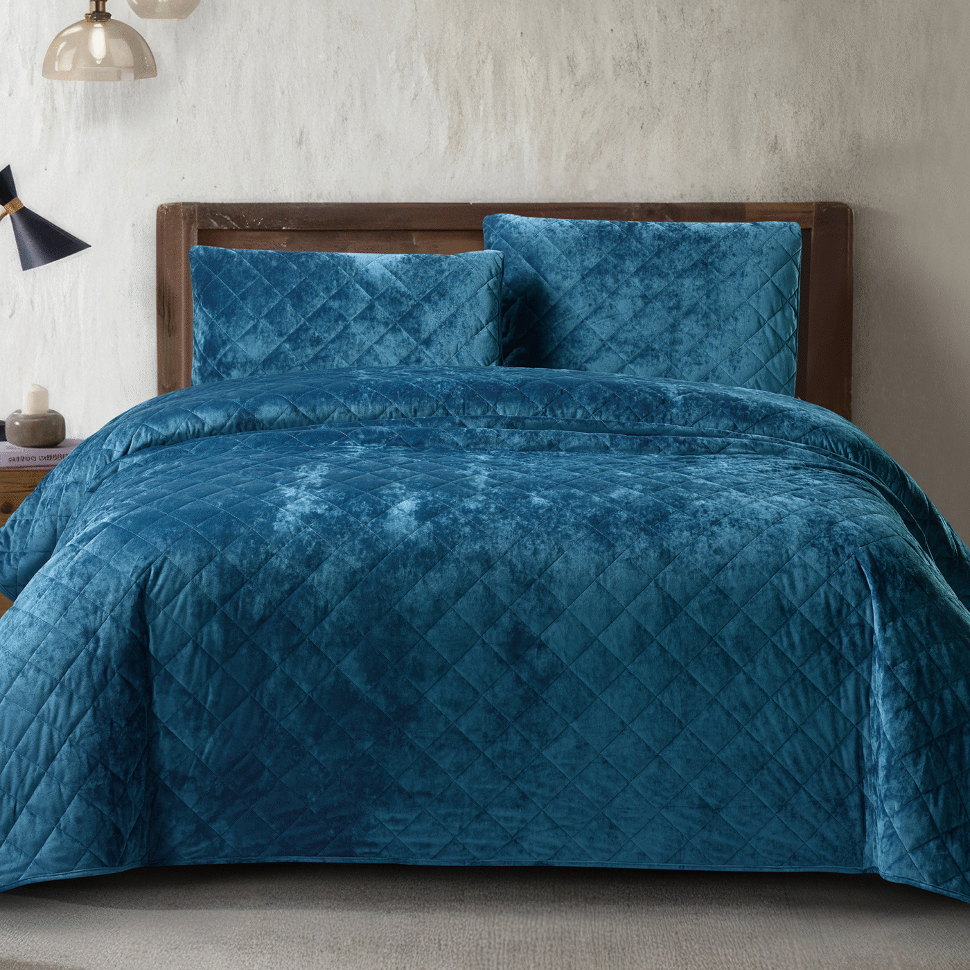 BLUE 1 Bedding King 3 Piece Crushed Velvet Bedspread Set - Teal Blue