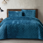 3 Piece Crushed Velvet Bedspread Set - Teal Blue