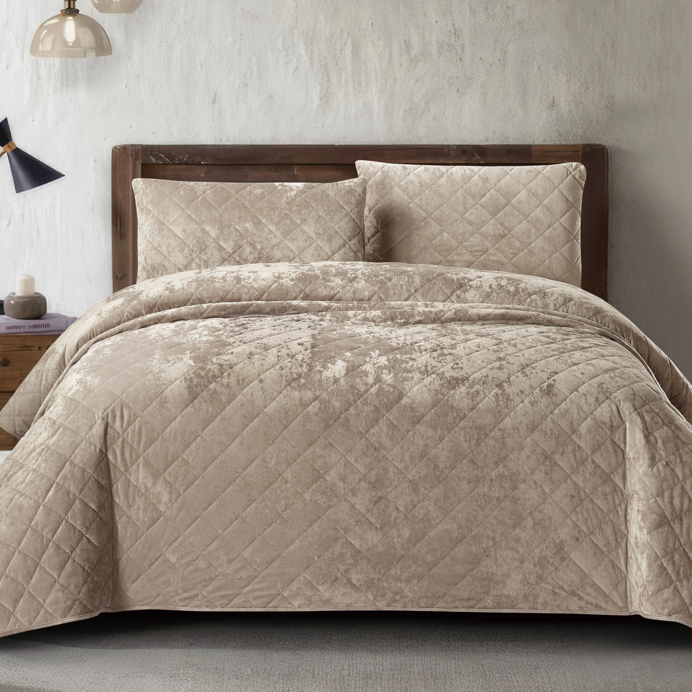 BROWN 1 Bedding King 3 Piece Crushed Velvet Bedspread Set - Tan