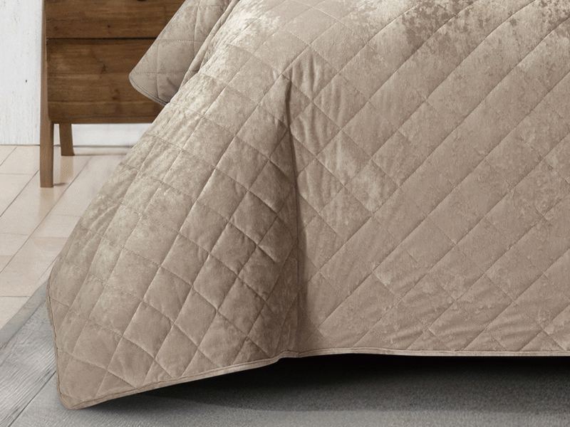 3 Piece Crushed Velvet Bedspread Set - Tan