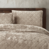 3 Piece Crushed Velvet Bedspread Set - Tan
