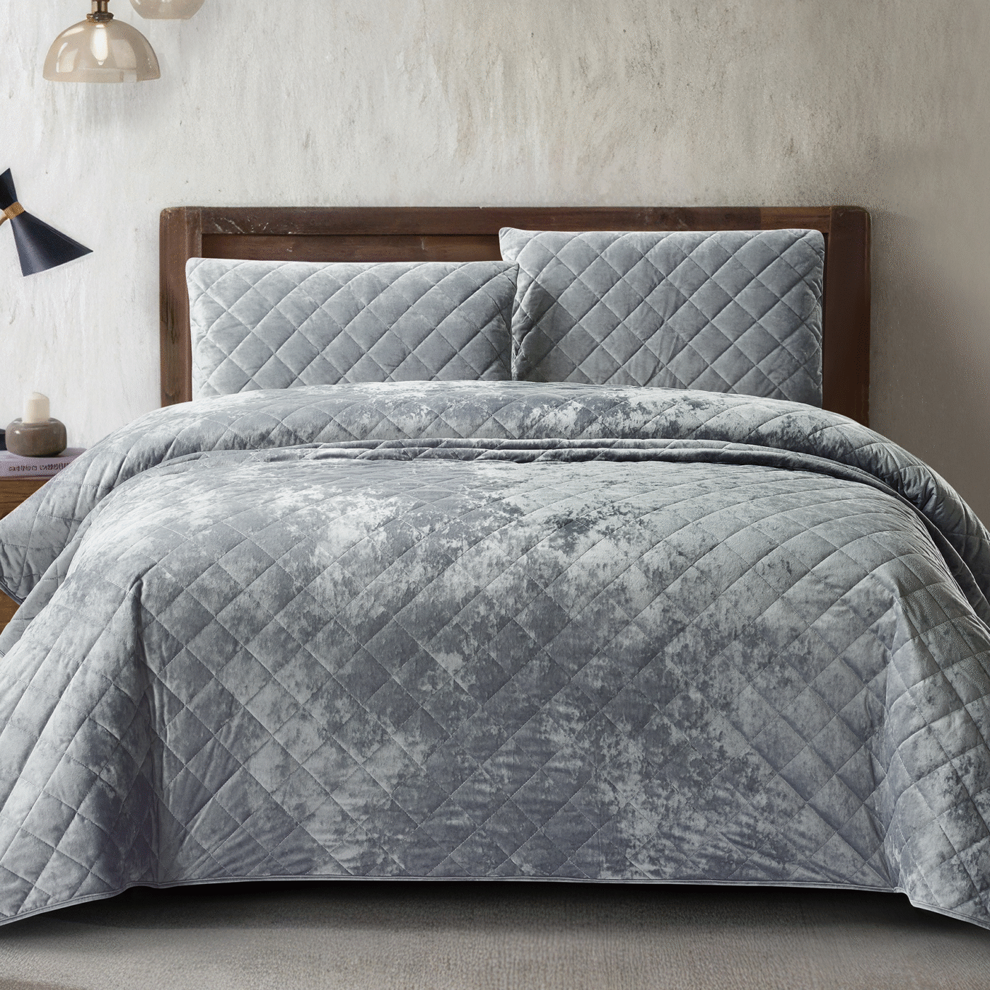 GRAY 1 Bedding King 3 Piece Crushed Velvet Coverlet Set - Grey
