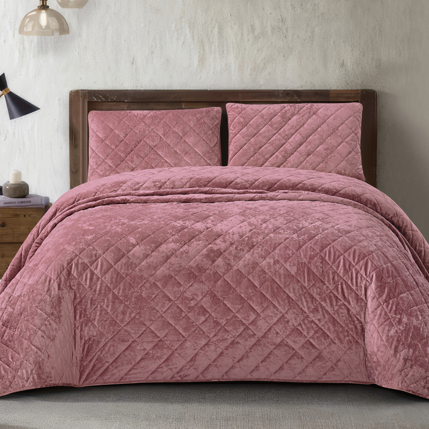 PINK 1 Bedding King 3 Piece Crushed Velvet Bedspread Set - Dusty Pink