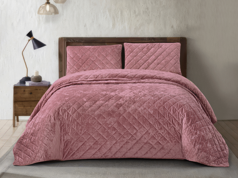 3 Piece Crushed Velvet Bedspread Set - Dusty Pink
