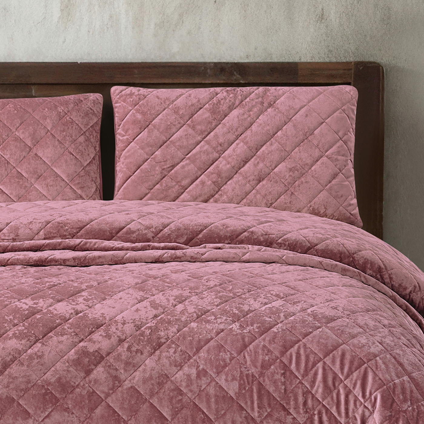 PINK 3 Bedding King 3 Piece Crushed Velvet Bedspread Set - Dusty Pink