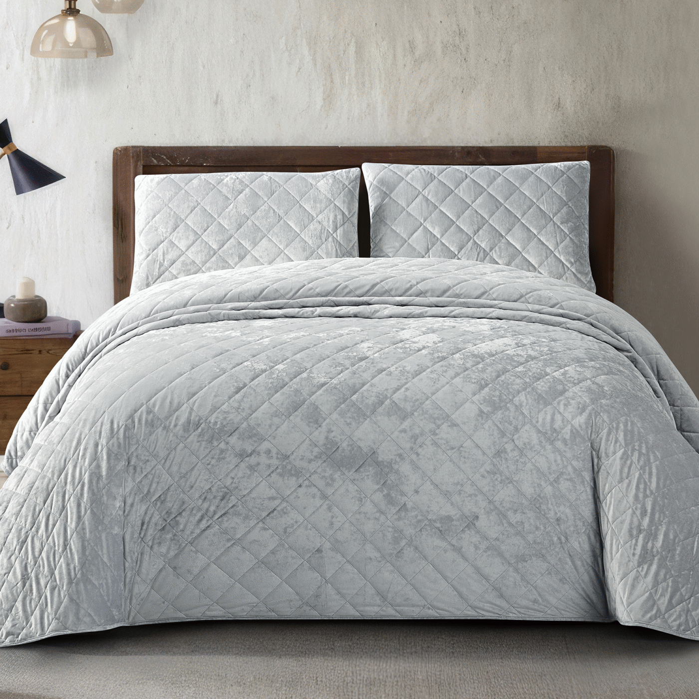 SILVER 1 Bedding King 3 Piece Crushed Velvet Bedspread Set - Silver