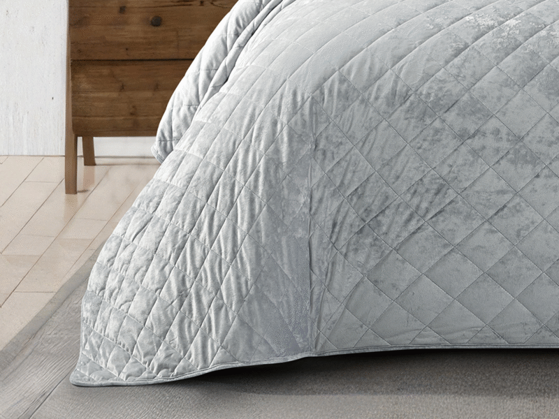 3 Piece Crushed Velvet Bedspread Set - Silver