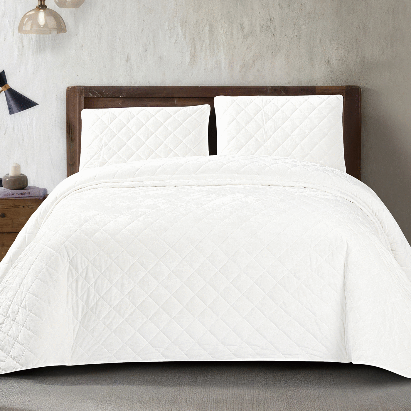WHITE 1 Bedding King 3 Piece Crushed Velvet Bedspread Set - White